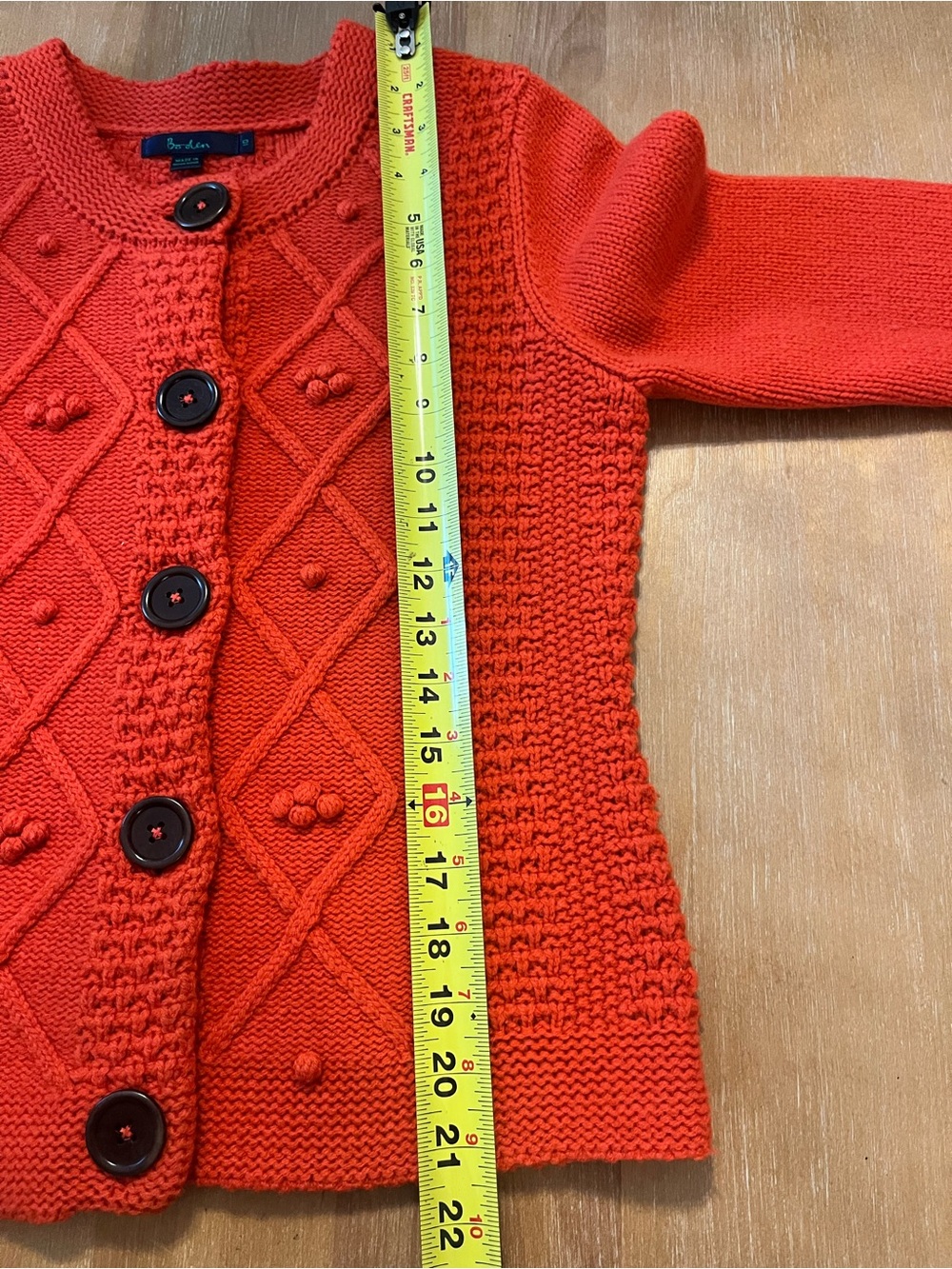 Boden 100% Wool Orange Cable Knit Pom Pom Cardigan - Size 10 - Picture 8 of 9